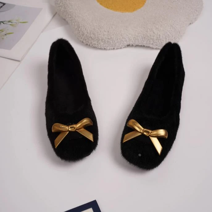 【澳门专柜正品】方头加绒毛毛鞋冬天外穿黑色百搭高级款软底防滑浅