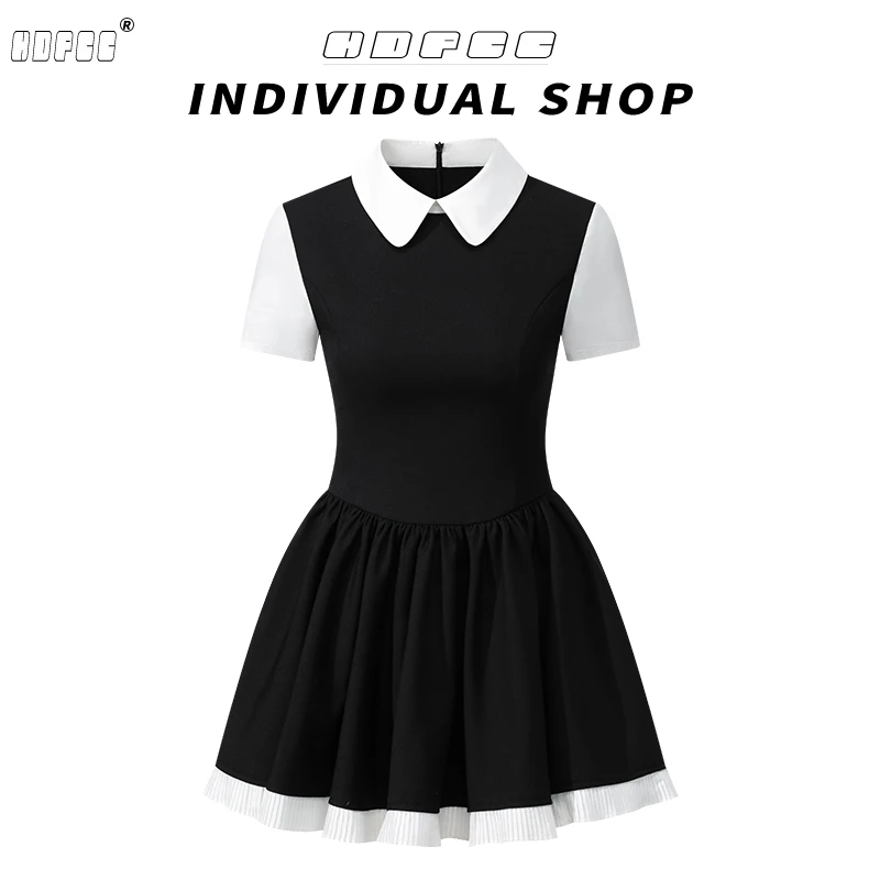 韩版假两件修身显瘦短袖连衣裙女夏季高级感小黑裙蓬蓬裙A字短裙