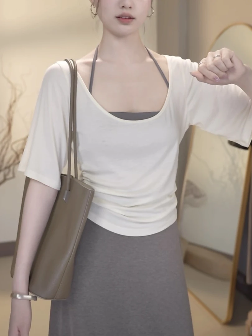 【T恤＋裹胸】两件套裹带胸垫可调节 慵懒宽松大U领薄款T 显瘦显气质