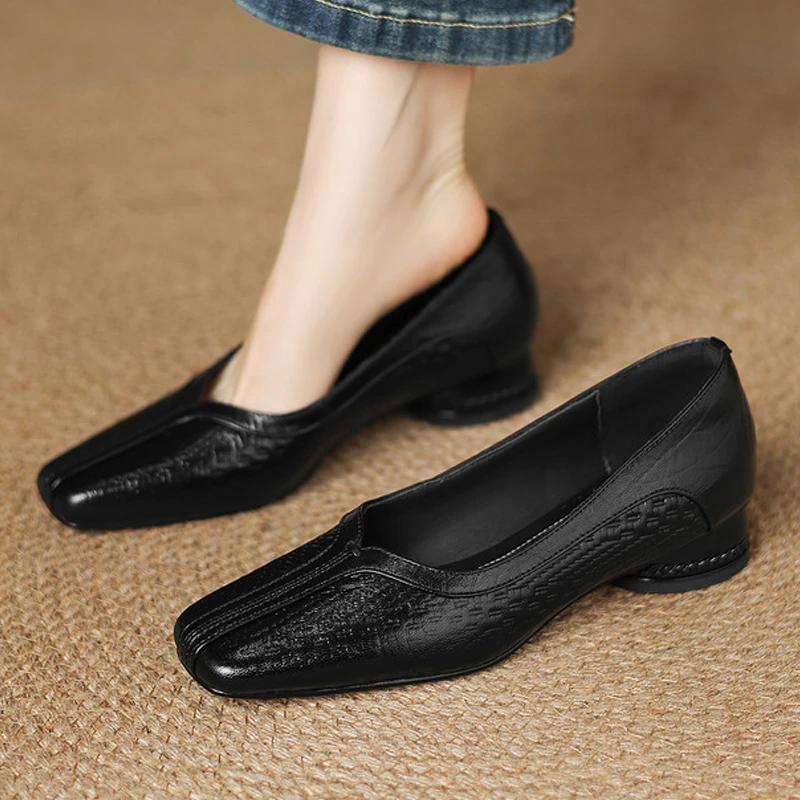 真皮法式中跟粗跟复古方头浅口单鞋女潮牌百搭小众一脚蹬懒人鞋子