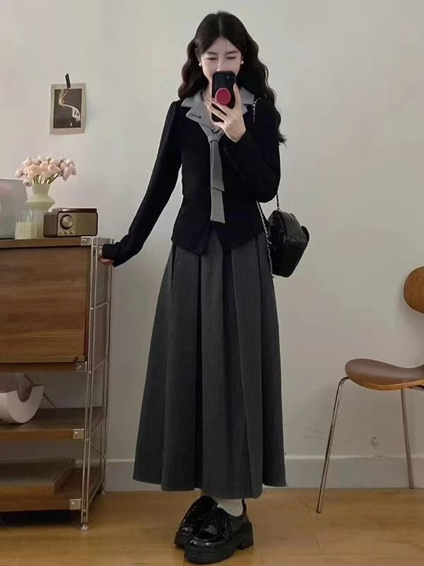 大码女装胖 mm法式假两件翻领刺绣上衣 +百褶长裙两件套气质显瘦