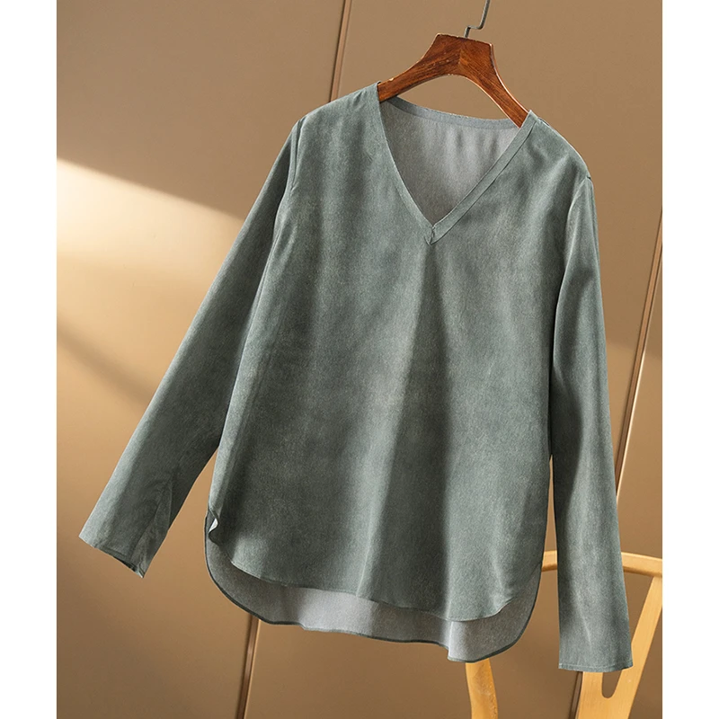 春天家 简约高阶感 法柜设计师款真丝双绉圆弧摆长袖衬衫女9U61