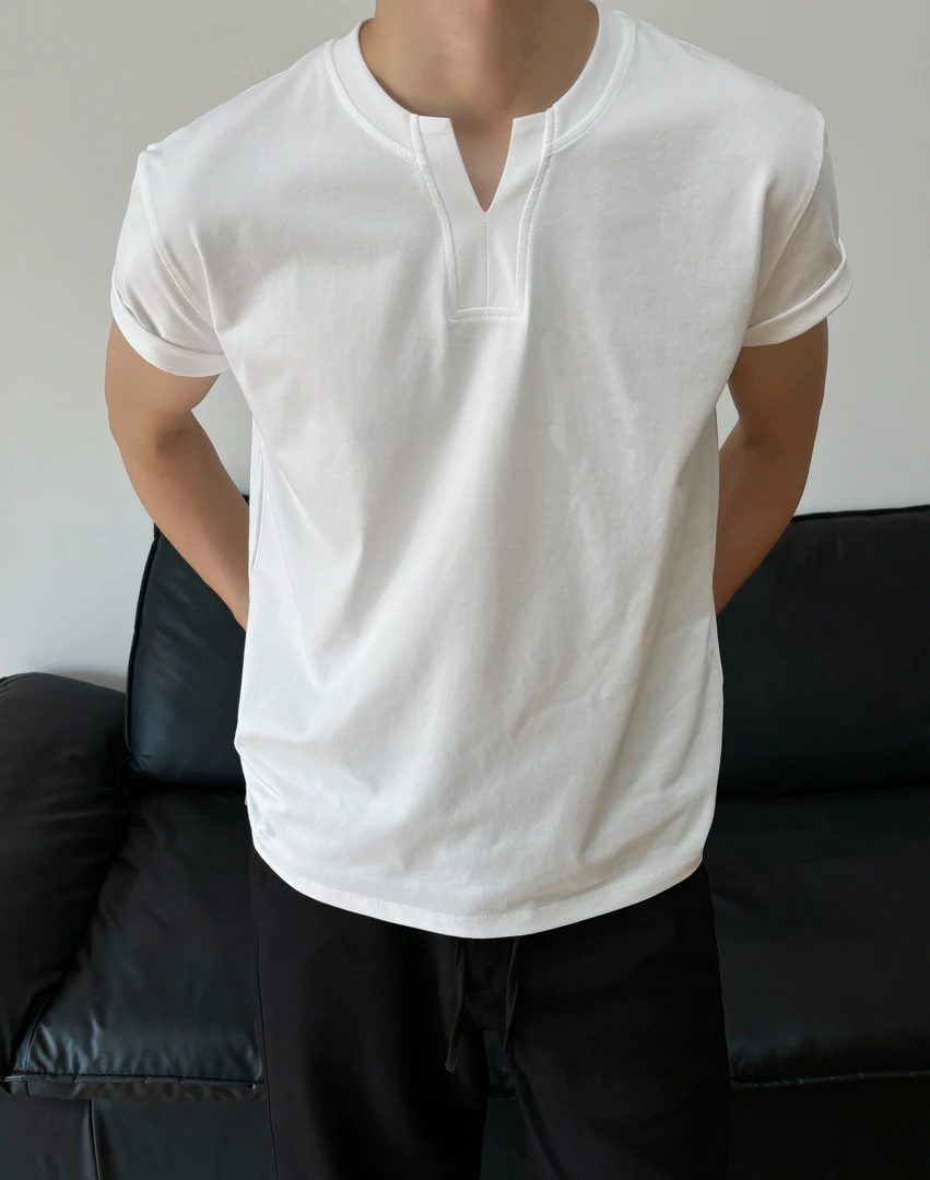 TAIYANG 夏季 简约V领亨利短袖混棉吸湿凉感TEE