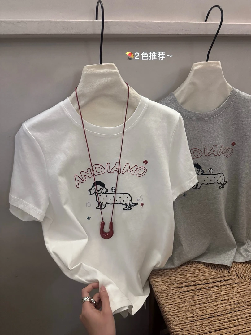 圆领百搭打底衫卡通T恤修身型宽松显瘦短袖杂志风宽松型