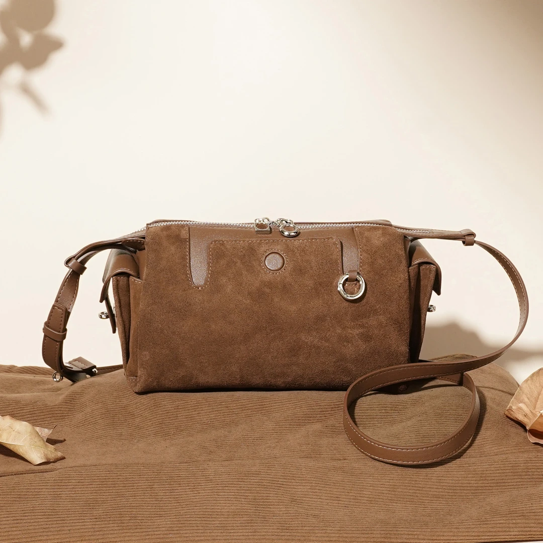 做旧拉链款轻奢风耐磨法式斜挎包斜跨包棕色F9873S