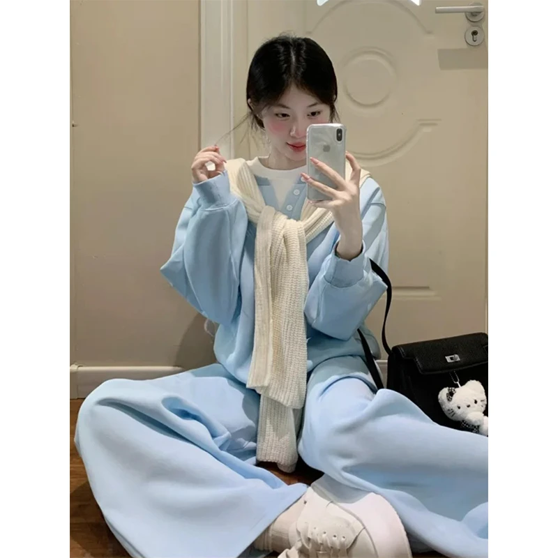 韩系简约海盐蓝卫衣睡衣女秋季新款假两件披肩可外穿家居服两件套