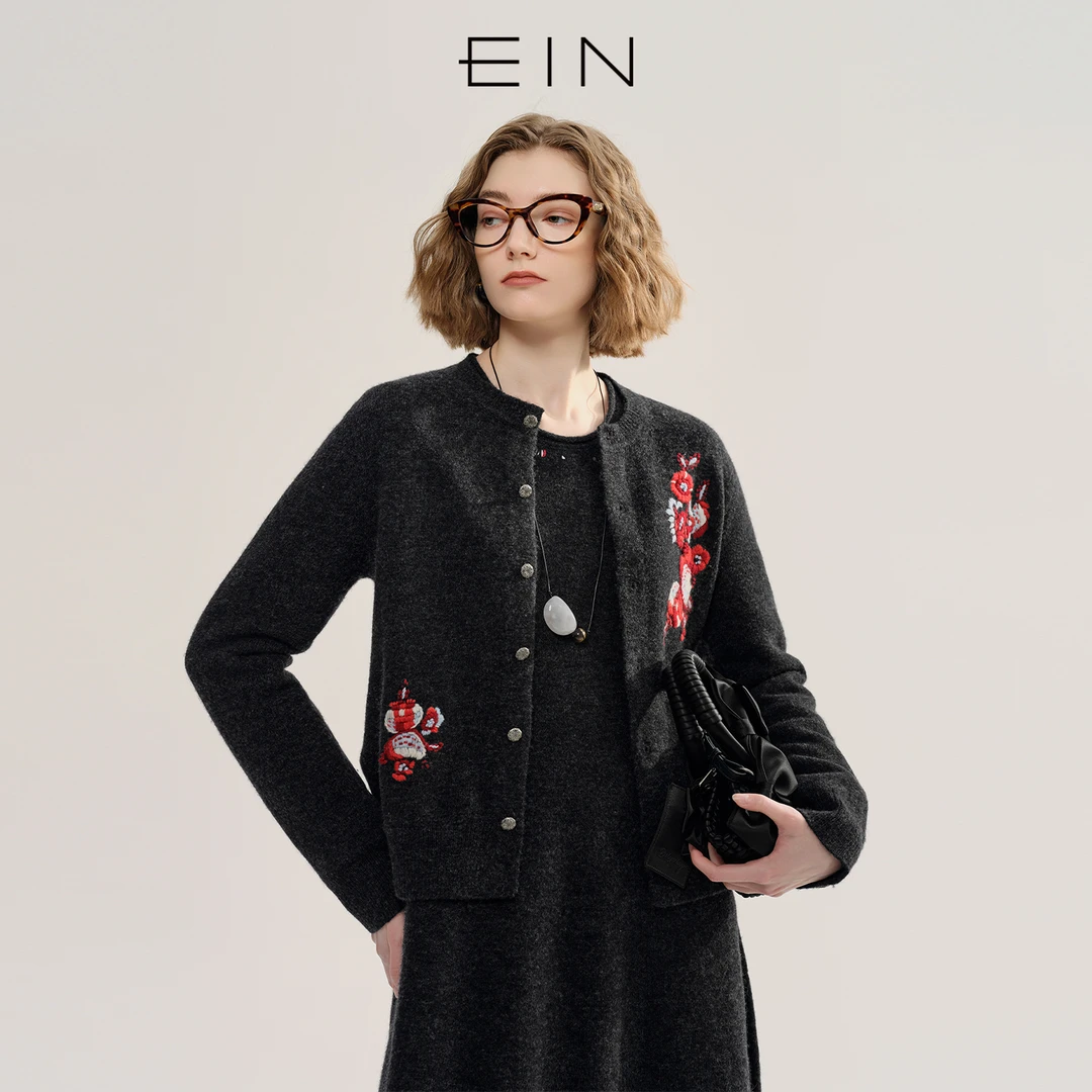 EIN/言商场同款绣花针织开衫毛衫短款外套2025年秋冬款