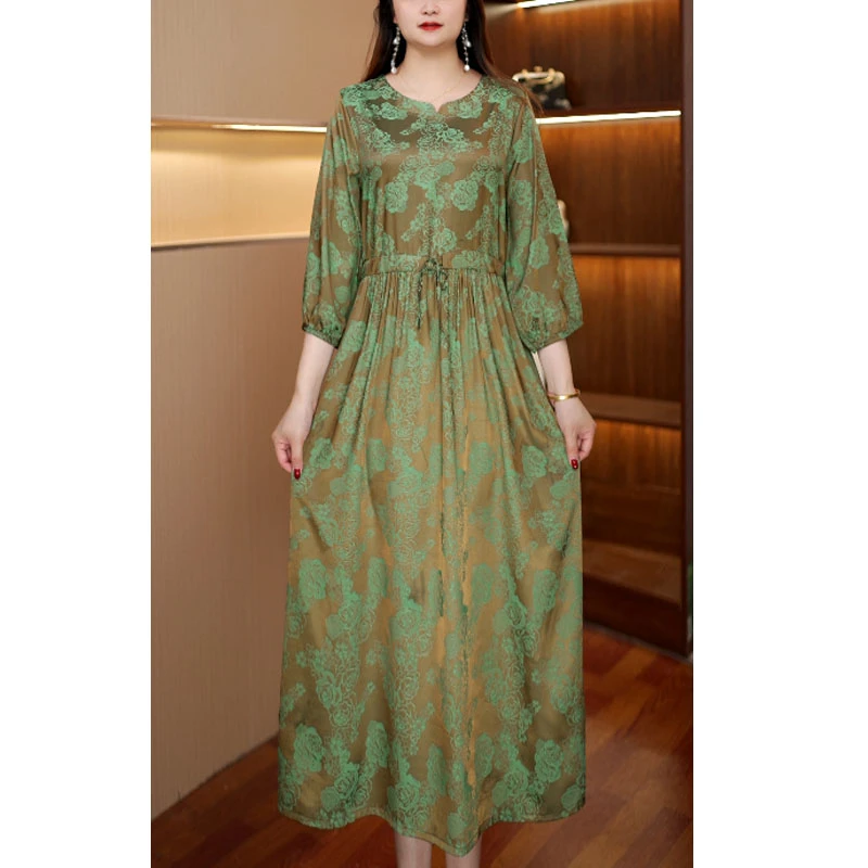 [半圆领绿玫瑰]真两件显瘦连衣裙女中长款464