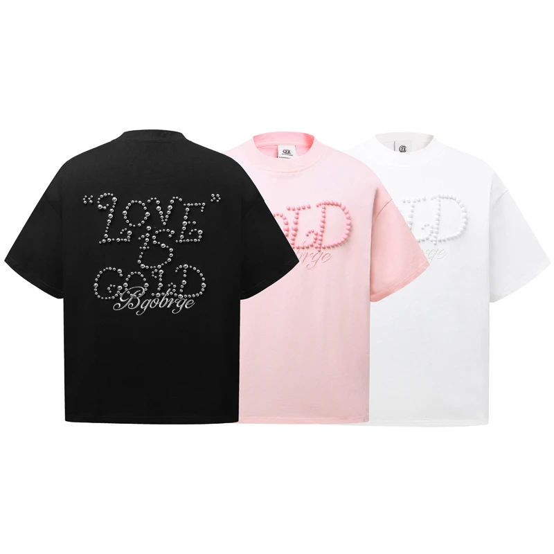 感珍珠字母钉珠短袖3377