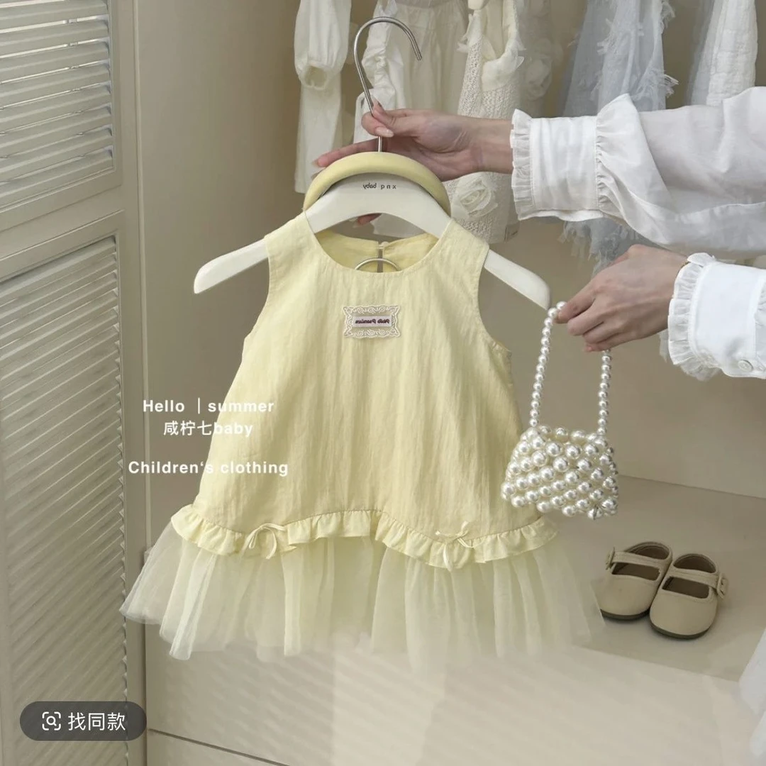 女童连衣裙2025夏季新款儿童网纱拼接背心裙小女孩薄款棉布公主裙