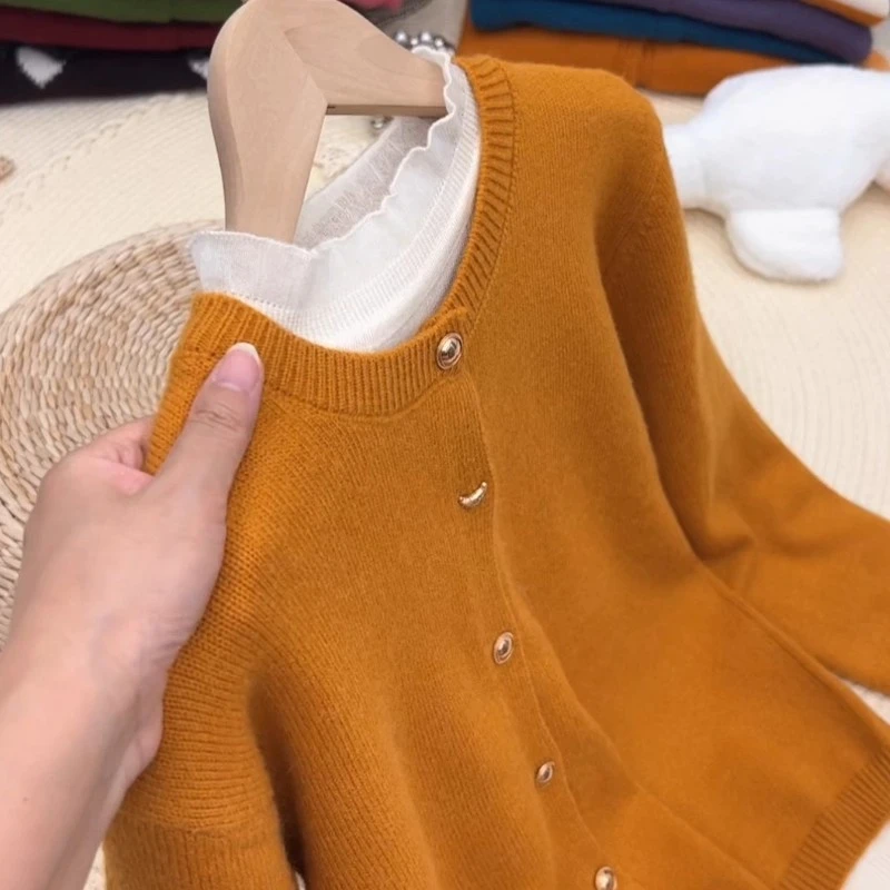 橙色圆领毛衣开衫女2025新款外套宽松慵懒风早秋高级感外搭上衣厚