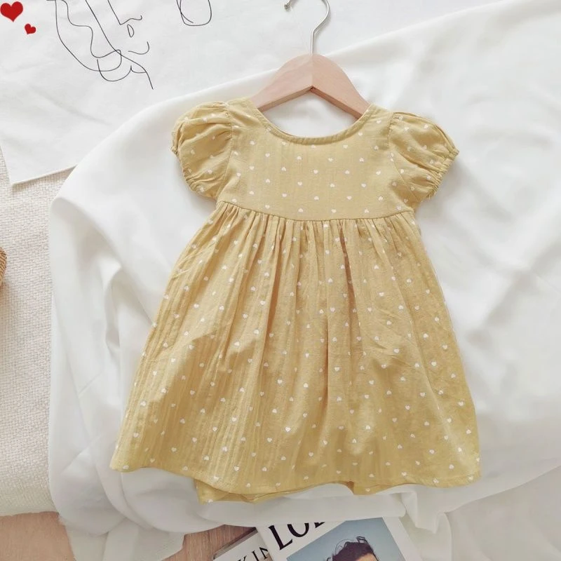 童装夏装新款女童纯棉麻波点连衣裙宝宝裙子短袖宽松娃娃裙衫上衣