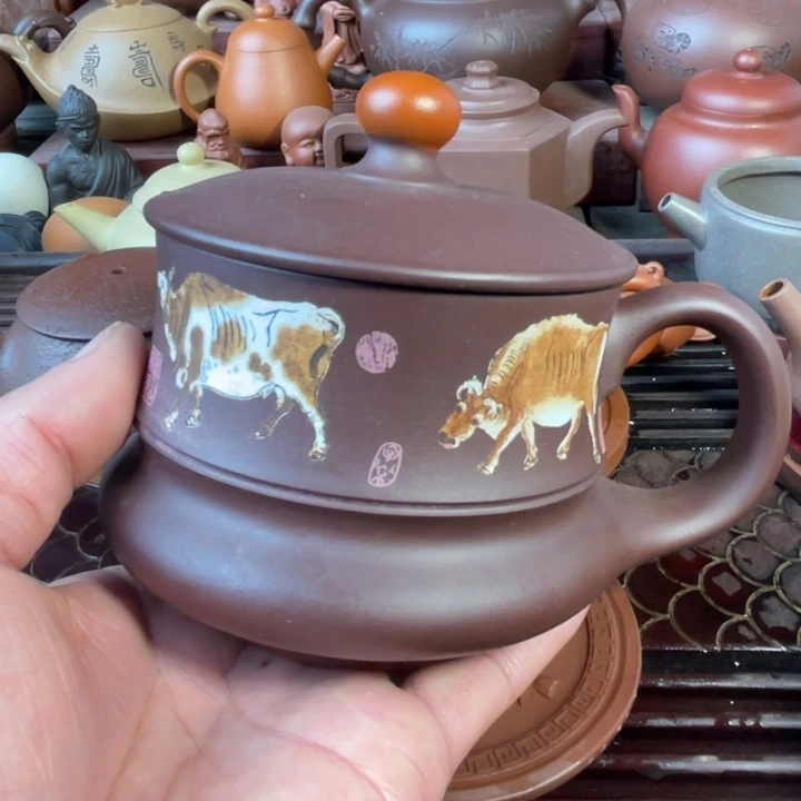 紫砂盖杯紫泥五牛图