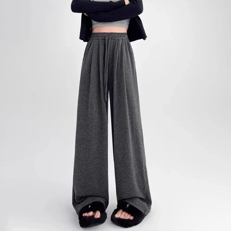 灰色糯米休闲裤女夏薄款梨形身材高腰宽松显瘦抽绳运动百搭阔腿裤