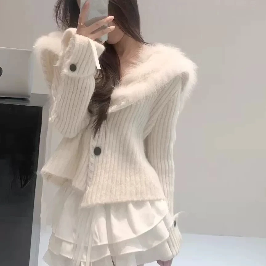 1174设计感飘带大翻领毛衣外套少女感显瘦针织开衫仙气秋冬减龄女