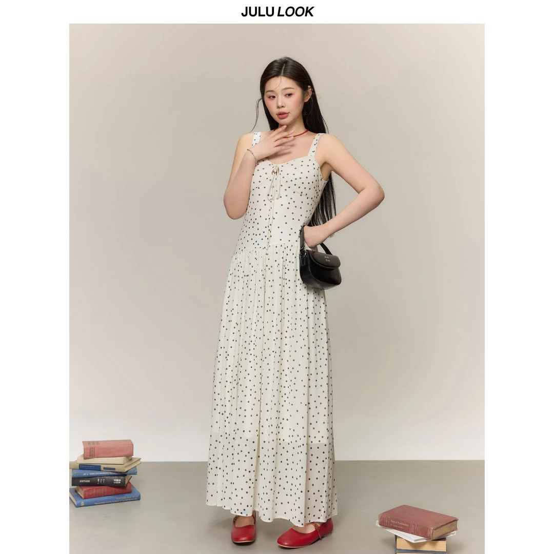 巨鹿工作室“灵动少女”微胖mm法式复古波点度假吊带裙大码连衣裙