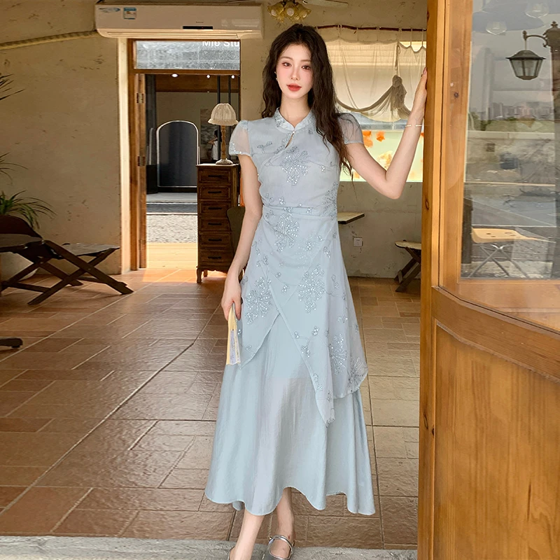 2025新款十三行品质 新中式立领斜襟不规则假两件改良旗袍连衣裙