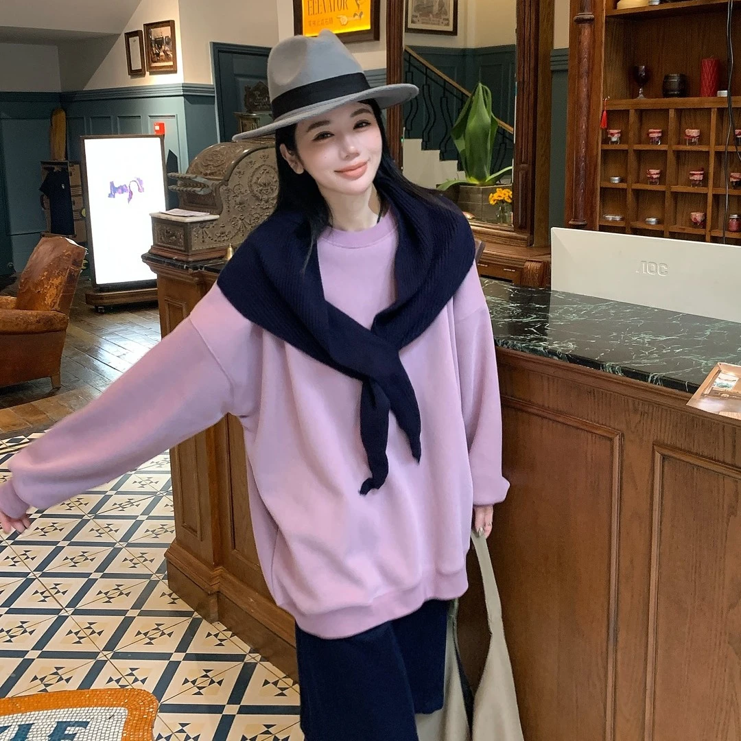 韩版宽松休闲加绒披肩净版中长个性甜美宽松百搭卫衣上衣