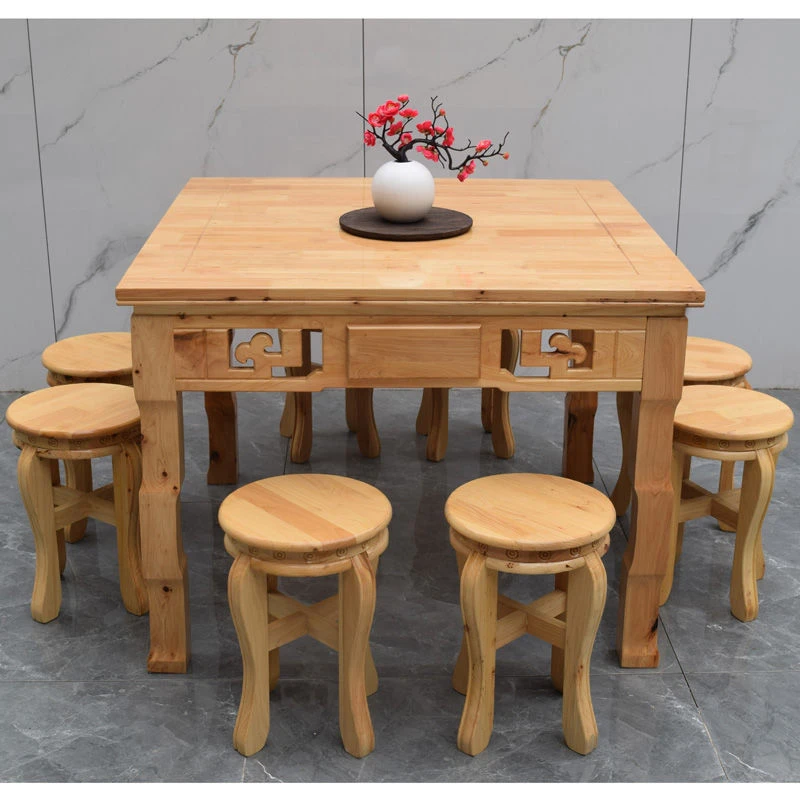 网红桌实木带抽屉八仙桌柏木桌饭店农家乐民宿小吃桌饭桌新中式