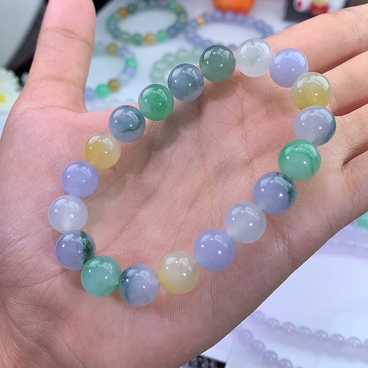 翡翠未镶嵌手链飘花多宝手串