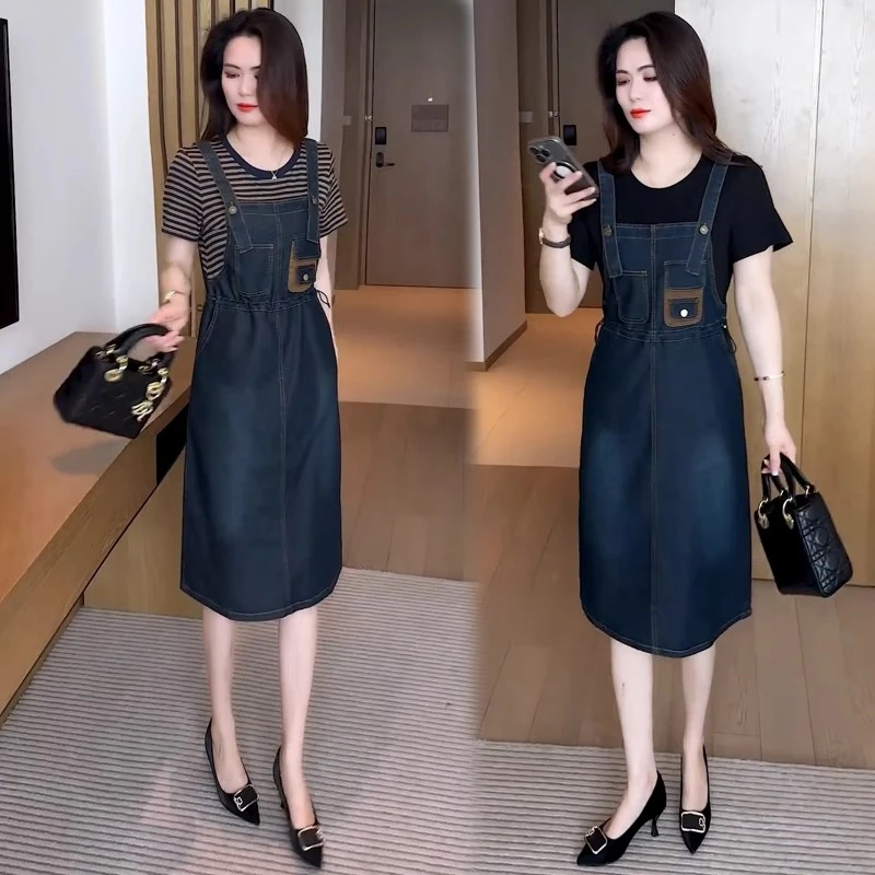 牛仔连衣裙女2025夏季新款时髦洋气收腰显瘦中长款假两件背带裙子