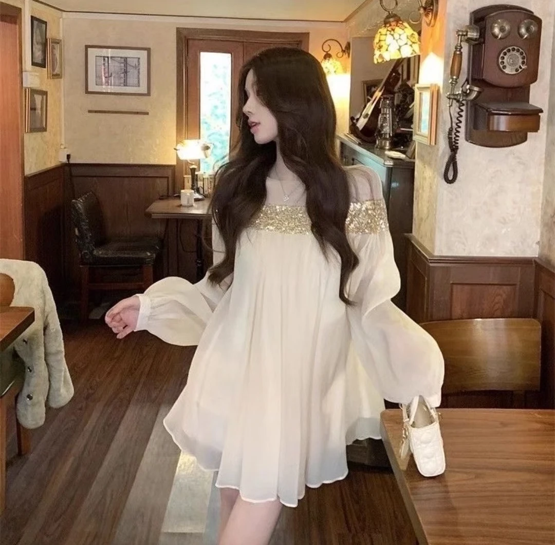 孤品温柔气质法式网纱亮片拼接宽松短裙