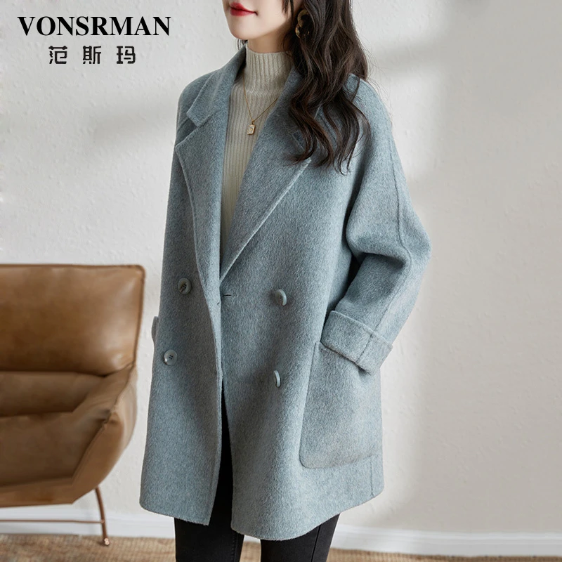 秋冬新款双面呢女零中长款呢子外套纯色气质西装小个子大衣宽松