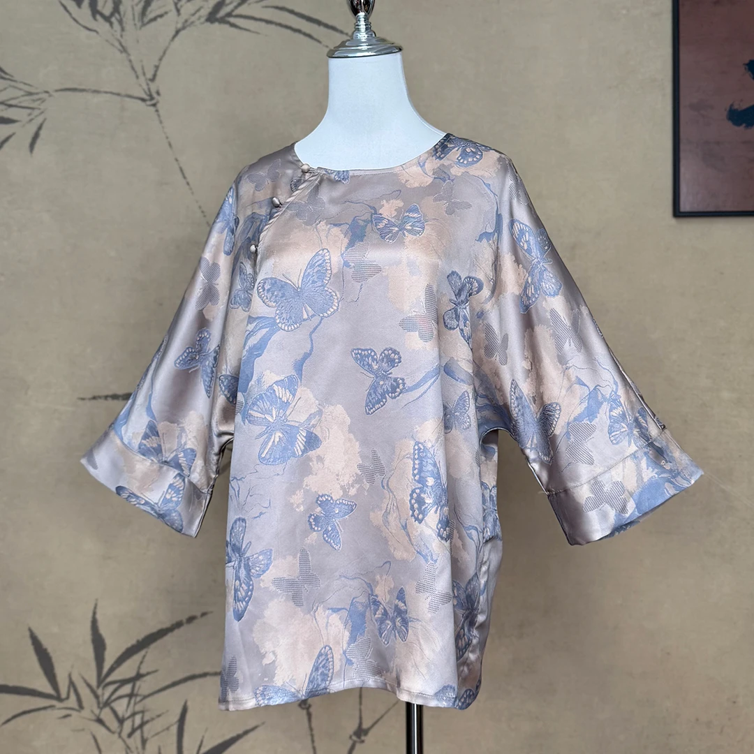 【卷卷新中式】”蓝色幻蝶“万事利杭锦斜襟上衣