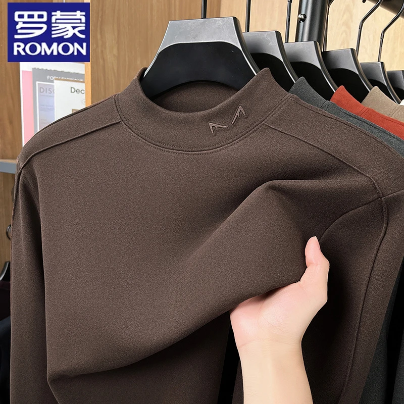 罗蒙双面德绒t恤男士冬季加厚加绒保暖半高领双面绒卫衣男打底衫