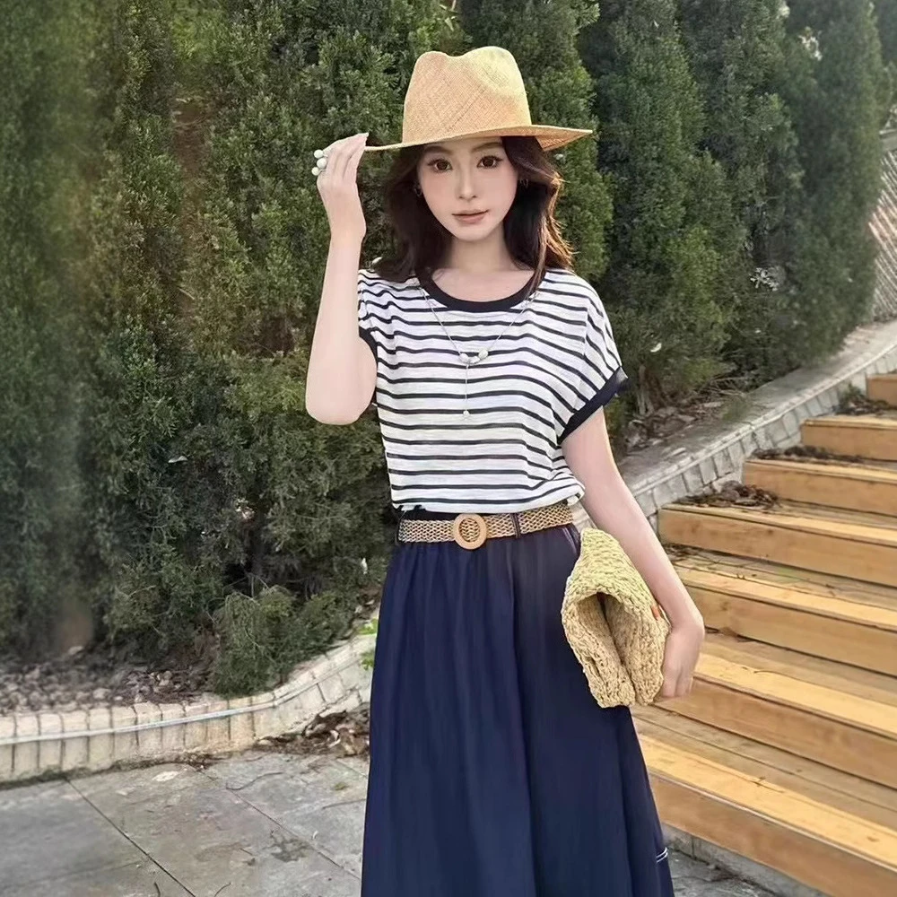 时尚条纹套装裙女2025夏季新款圆领T恤洋气减龄牛仔半身裙两件套