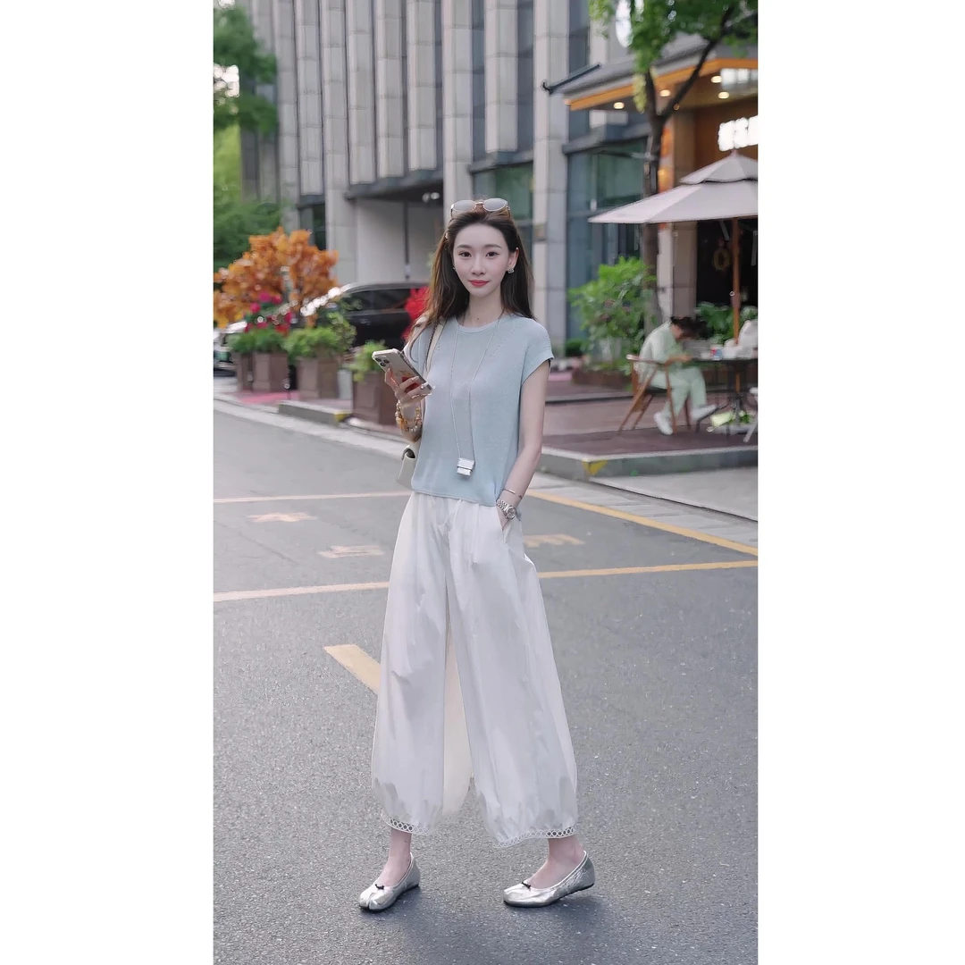 休闲风减龄小众设计感短袖洋气法式通勤时尚套装阔腿裤裤子两件套