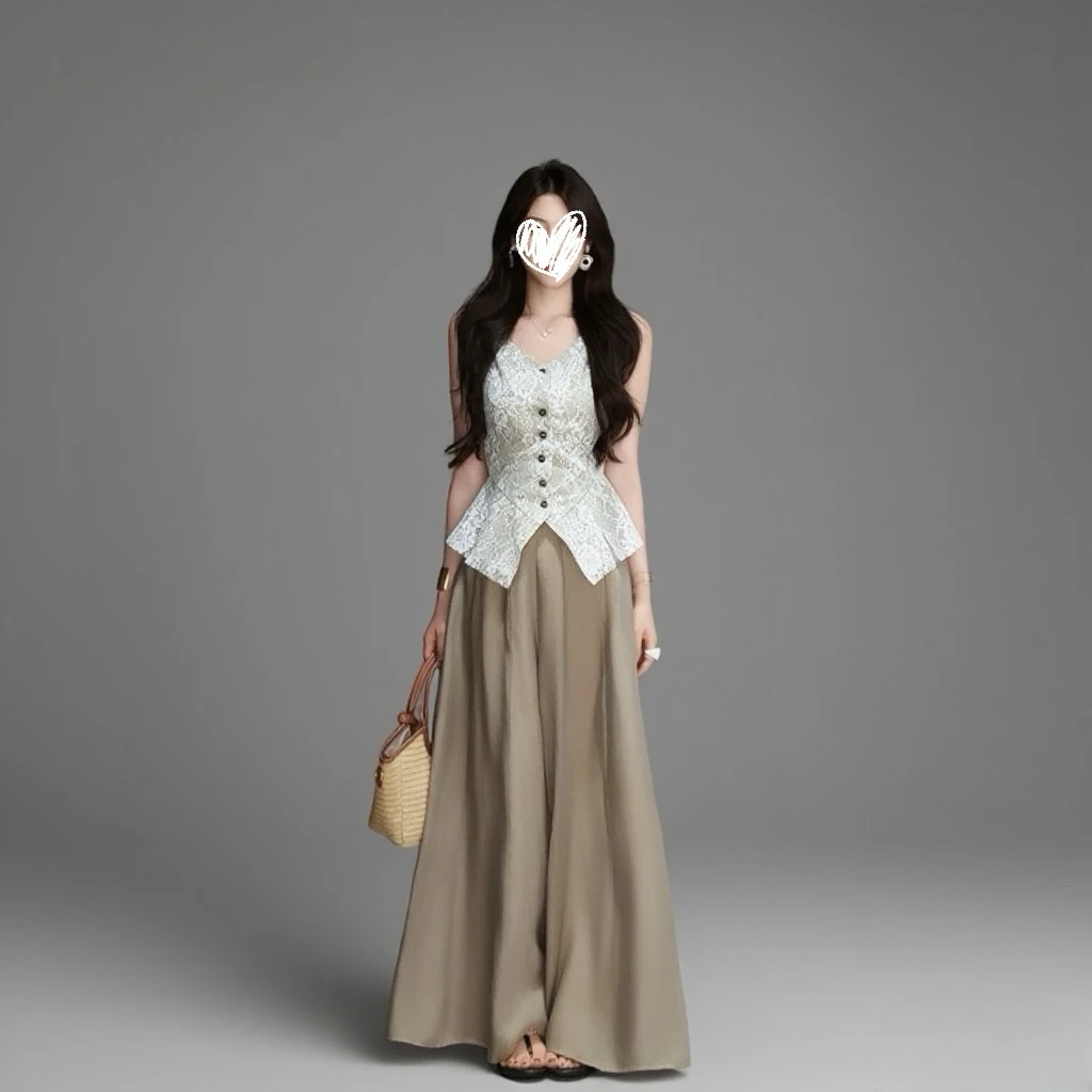 法式高级松弛感穿搭马甲上衣女+慵懒风休闲阔腿裤Q176