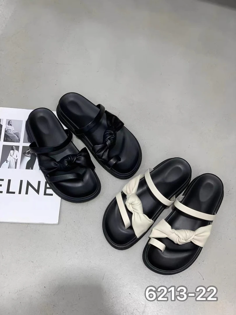 6213-22 拖鞋女夏外穿新款网红蝴蝶结法式软底沙滩一字凉拖鞋A11