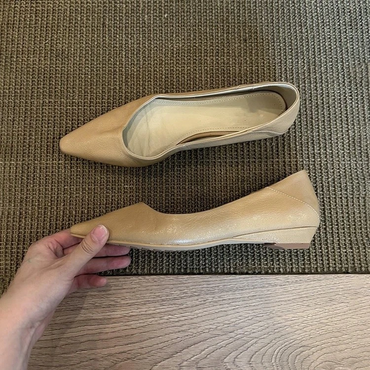 牛皮版~极简风小坡跟尖头浅口单鞋女2025新款春秋季通勤平底女鞋