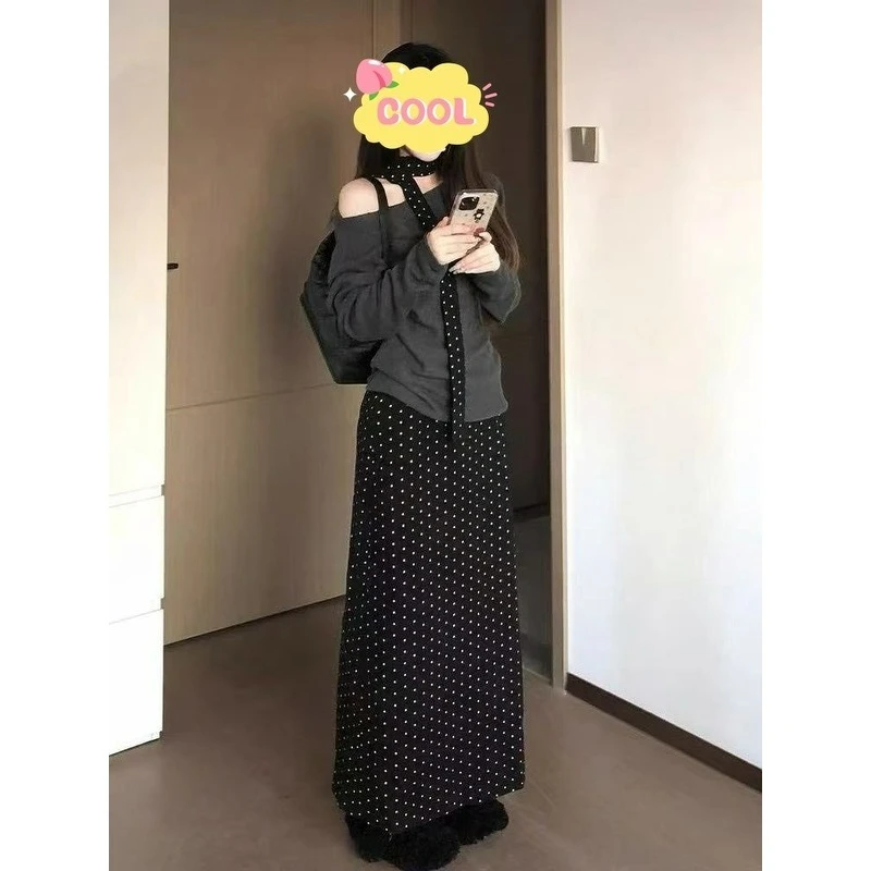 大码韩系灰色斜肩长袖上衣波点半身裙初秋两件套459361#