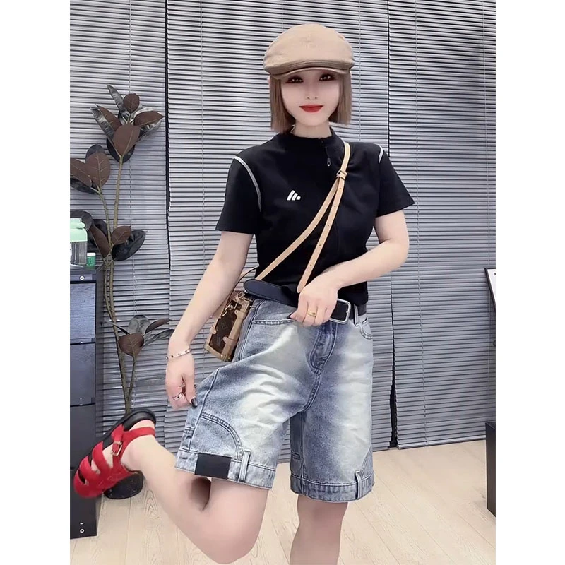 倒装牛仔短裤2025夏季新款宽松显瘦贴标水洗垂感薄款四分百搭短裤