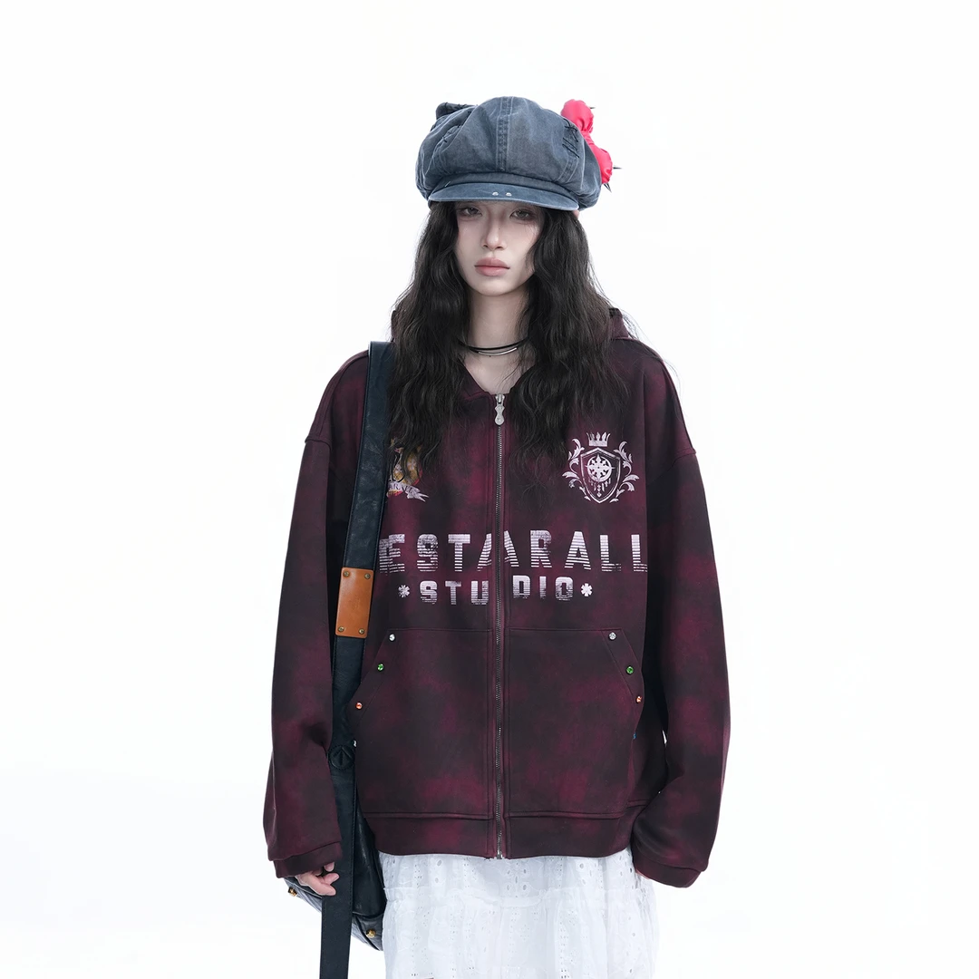 300斤特大码美式复古扎染彩色烫钻拉链开衫卫衣女设计感宽松外套