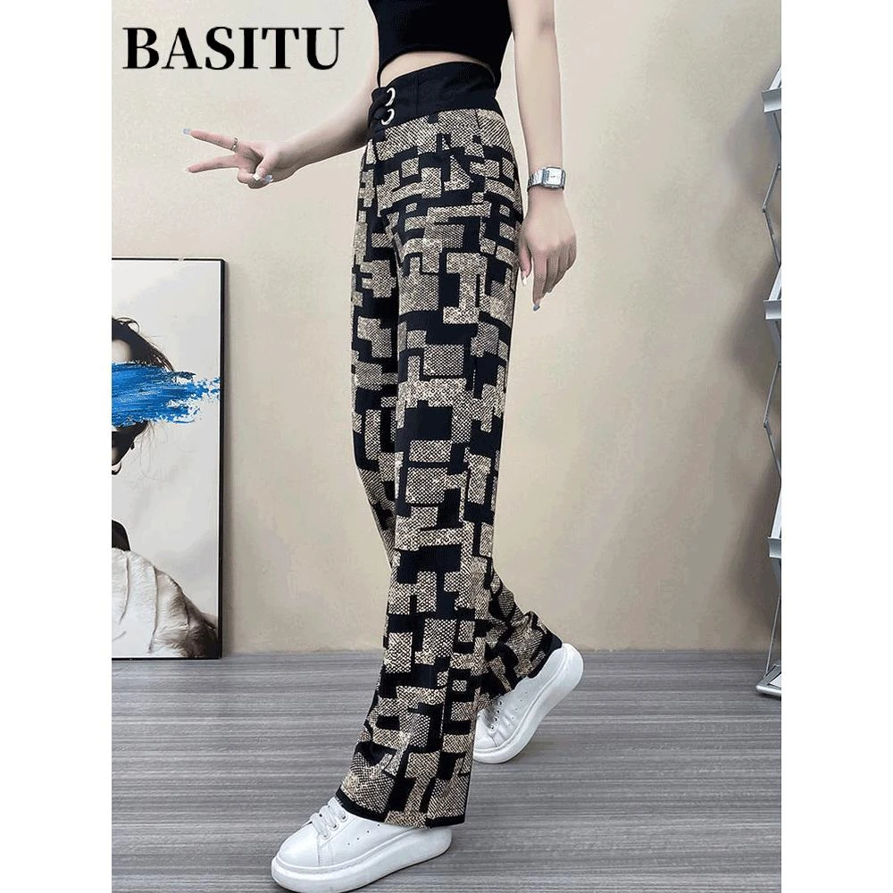 高腰花纹休闲裤子女夏季2025年新款宽松直筒垂感百搭松紧腰阔腿裤