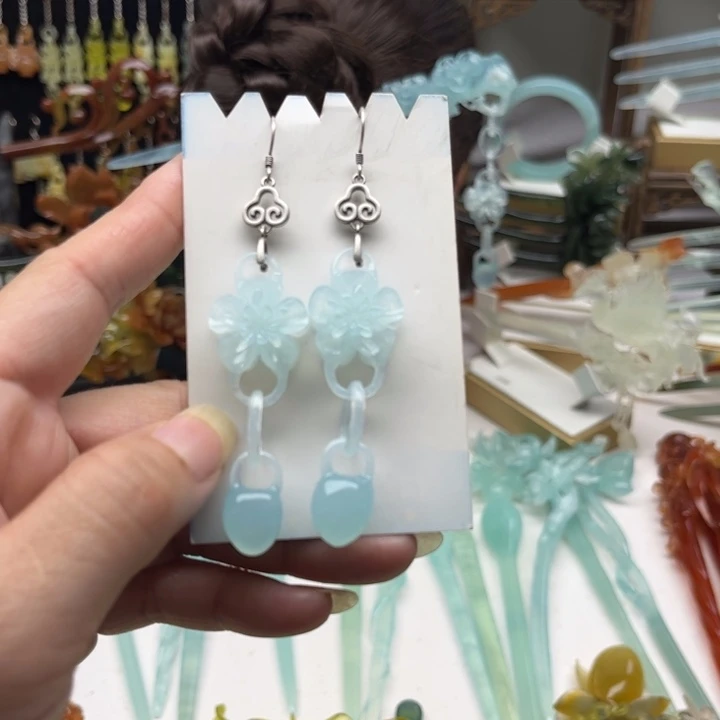 蛇纹石玉耳环合金天***故