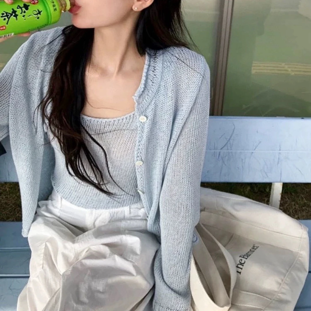 【八家两件套】Y韩风冰川蓝针织两件套百搭显瘦长袖开衫针织吊带女