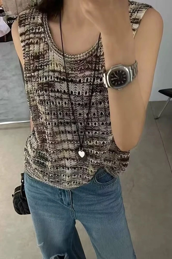 玲姐定制-微透无袖T恤宽松设计感镂空洋气针织背心253318