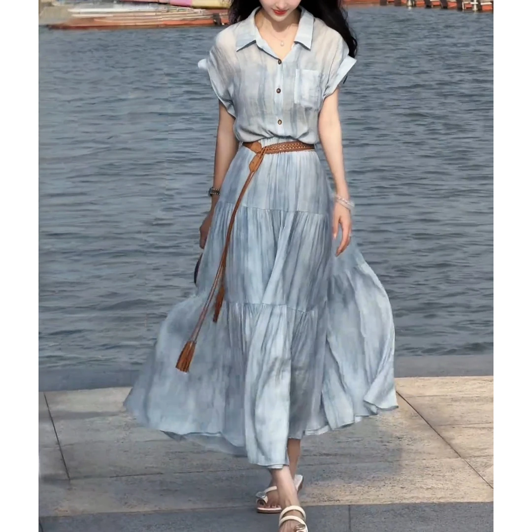 2025年夏季新款韩版百搭短袖收腰中长裙女简约宽松高级感连衣裙女