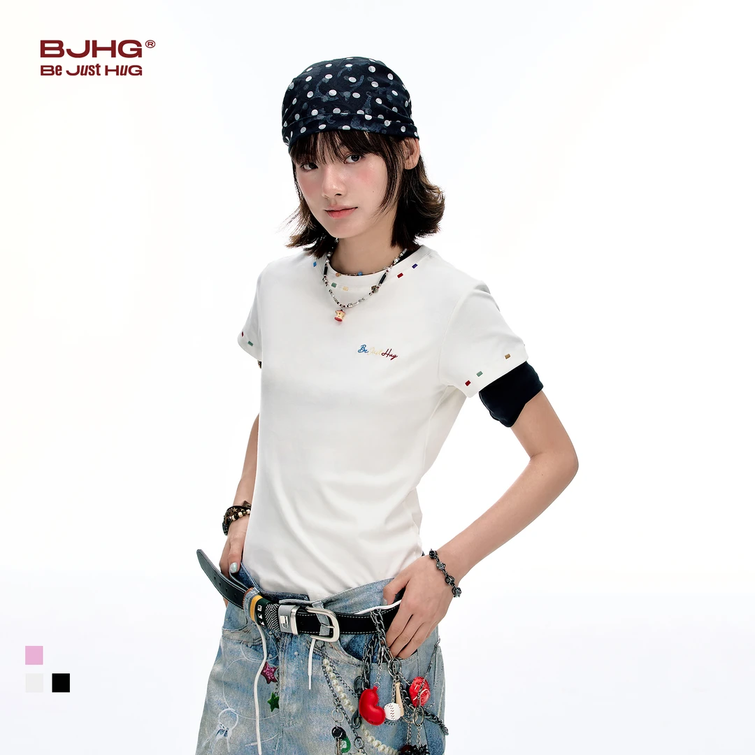 BJHG不计后果彩绣针织T恤短袖女款夏季潮牌微弹修身设计感正肩T恤