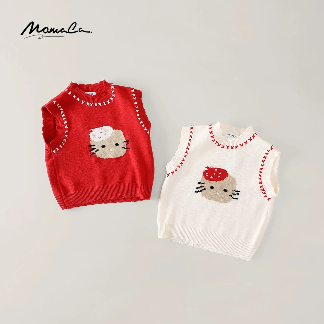 MOMOCO秋季女童时尚洋气甜美卡通猫咪毛织马甲77780238002&01