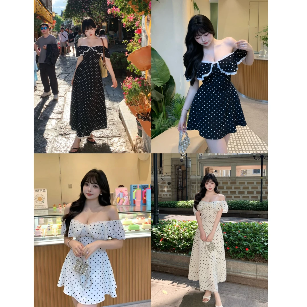 MengFairy【魅力磁场】春夏显瘦波点多穿撞色收腰连衣裙 5163 5375