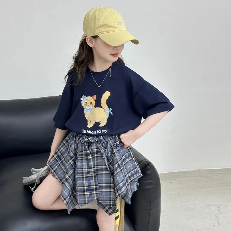 女童套装2025新款儿童韩版卡通短袖上衣女宝宝格子休闲裙裤两件套