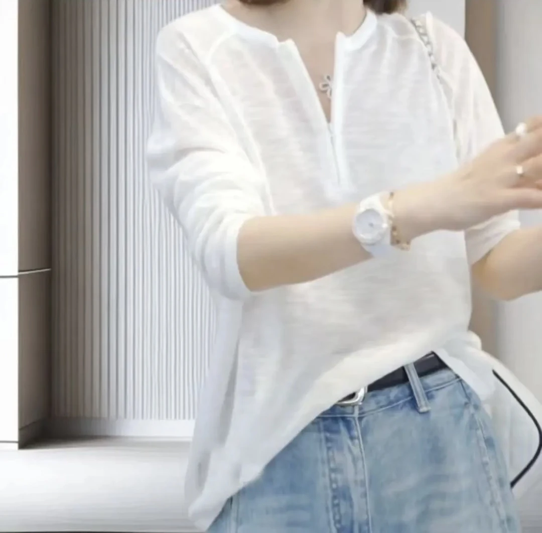 【氧气女生】夏季圆领百搭防晒薄款宽松显瘦慵懒风时尚长袖上衣2539