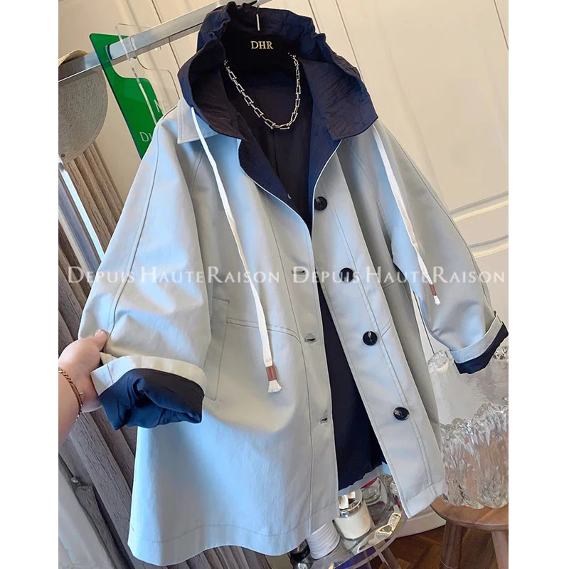 高级感撞色假两件连帽风衣外套宽松中长款2025年开春新款女装