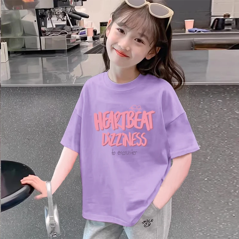 女童纯棉短袖t恤2025夏季装新款洋气宽松儿童装女孩紫色半袖上衣