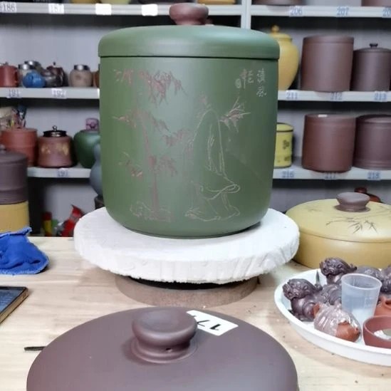 紫砂茶叶罐八饼装刻绘54